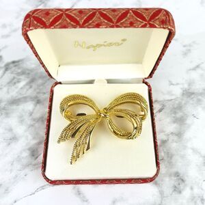 Vintage Napier Classic Ribbon Bow Brooch Pin Gold Tone with original Box